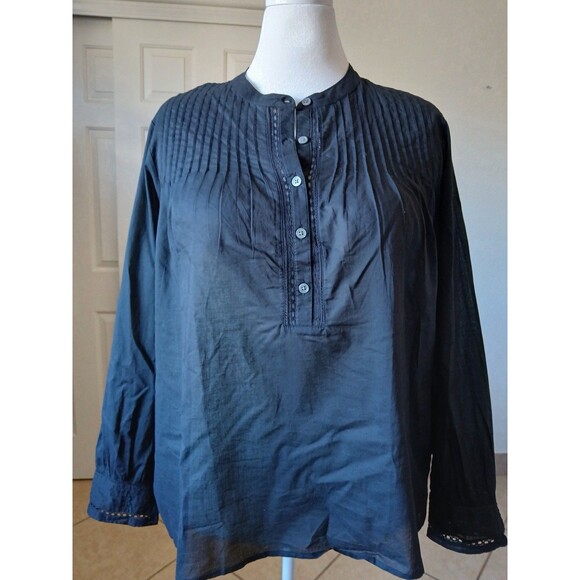 J.Crew Womens XXL Black Pintuck Blouse Long Sleeve Button Front Boho Top - Picture 2 of 16